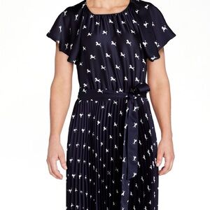 Free Assembly Pleated Satin Dress Navy Horse Midi Flutter Sleeves Small NWT